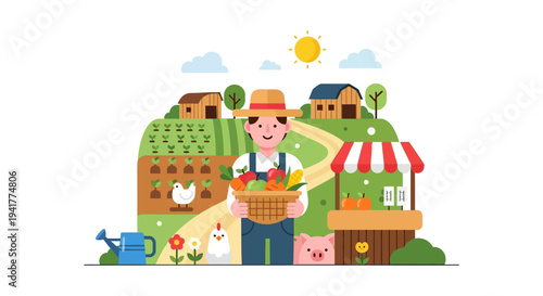 Happy Farmer Holding Harvest Basket at Farm Market Stand, Flat Vector Illustration of Agriculture, Organic Food, and Rural Life