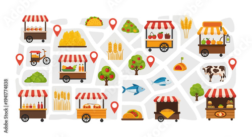 Flat Vector Illustration of Food Market Map, Street Stalls, Local Produce, Agriculture Supply Chain, and GPS Location Pins.
