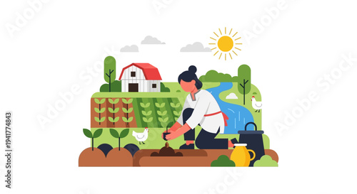 Flat Design Vector: Female Farmer Planting Seedling in Field. Sustainable Agriculture, Farming, Rural Life, Barn and Crops Illustration.