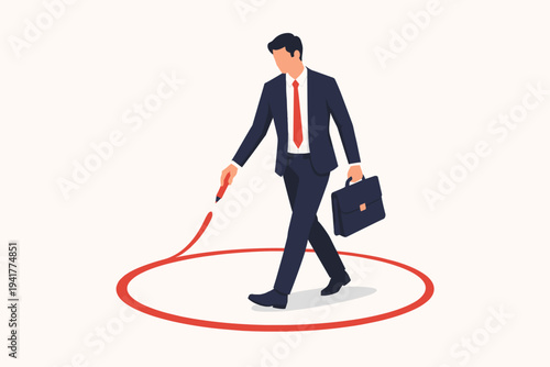 Businessman in a formal suit drawing a red circle around himself with a marker, conceptual vector illustration of personal boundaries, comfort zone, isolation, social distancing, and limits.