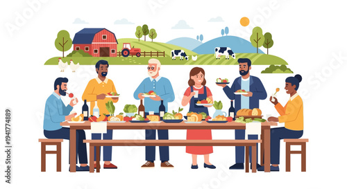 Farm-to-Table Dinner: Diverse Group Eating Fresh Organic Food at Rustic Table with Rural Agricultural Landscape and Barn.