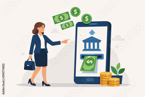 Businesswoman Making Online Money Deposit via Mobile Banking App on Smartphone, Flat Vector Illustration of Digital Finance, Electronic Payment, Wealth Management, and Fintech Technology Concept