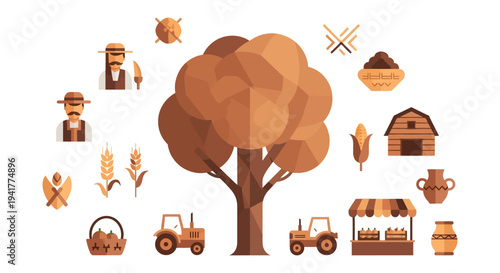 Agriculture and Farming Vector Icon Set: Tree, Farmers, Tractor, Barn, Wheat, and Harvest Elements in Earthy Monotone Flat Design.