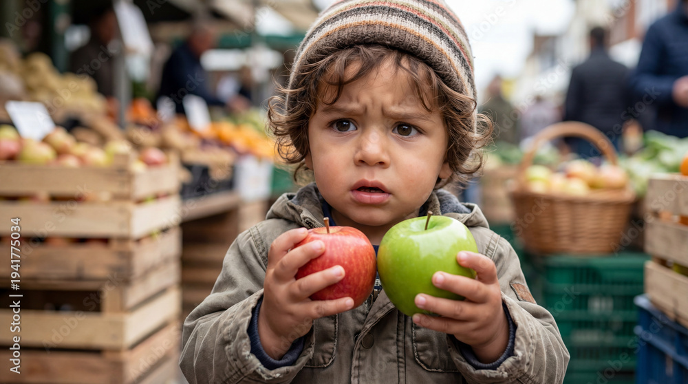 Fototapeta premium Consumer Rights Day confused toddler comparing real and fake apples for authenticity awareness campaign editorial