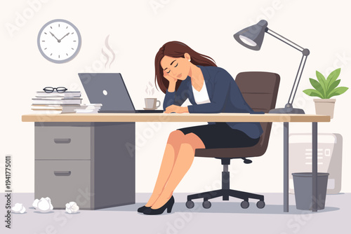 Tired Exhausted Businesswoman Sleeping at Office Desk with Laptop and Coffee. Overworked Professional Woman Feeling Stressed, Burnout, and Depressed in Workplace. Flat Vector Illustration.