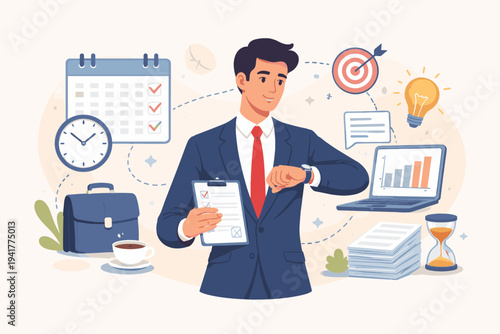 Professional businessman managing time efficiently with calendar, clock, checklist, and laptop icons. Flat vector illustration for productivity, task organization, and effective planning.