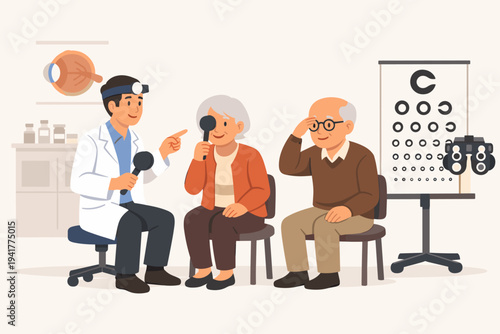 Ophthalmologist doctor examining vision of senior patients in a clinic, elderly couple getting eye checkup with vision chart and medical equipment, healthcare and ophthalmology vector concept.
