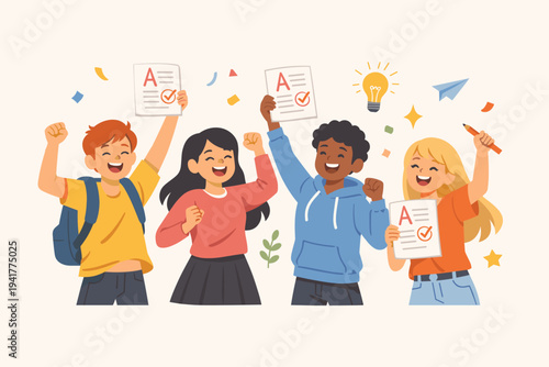 Happy Diverse Group of Students Celebrating High Grades and Academic Success, Cheerful School Children Holding Test Papers with A Plus Marks, Flat Vector Illustration for Education and Learning