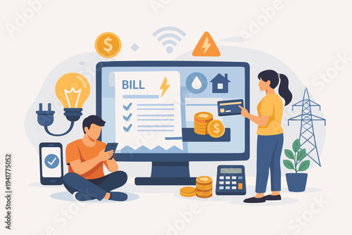 Online Utility Bill Payment Concept Illustration with People Managing Electricity and Water Expenses on Computer and Smartphone. Flat Vector Design for Financial Apps and Energy Services.