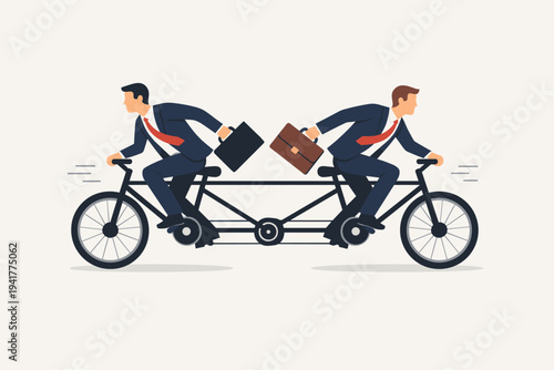 Vector Illustration of Two Businessmen in Suits Riding a Tandem Bicycle in Opposite Directions, Representing Conflict, Lack of Teamwork, Disagreement, and Corporate Inefficiency in Business