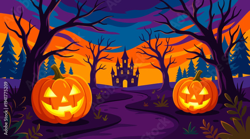 Spooky Halloween Landscape with Glowing Jack-o'-lanterns and Haunted Castle at Sunset, Cartoon Vector Illustration