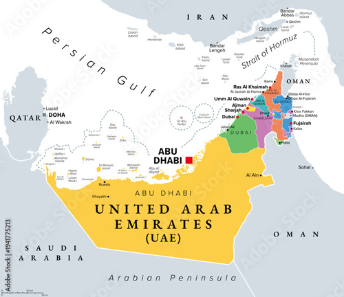 Emirates of the United Arab Emirates, political map, with capital Abu Dhabi. UAE, consisting of the seven emirates Abu Dhabi, Ajman, Dubai, Fujairah, Ras Al Khaimah, Sharjah, and Umm Al Quwain. Vector