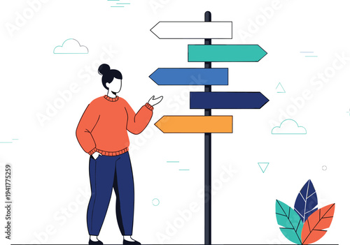 Young woman in an orange sweater standing by a directional signpost with multiple colorful arrows choosing her future career path