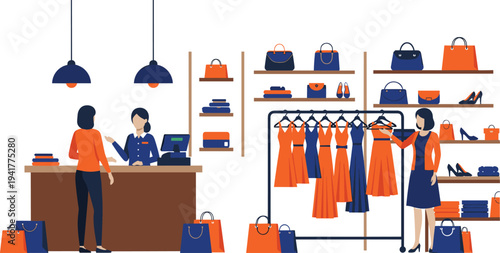 A female customer talking to a cashier at a retail counter in a modern clothing boutique with dresses on racks