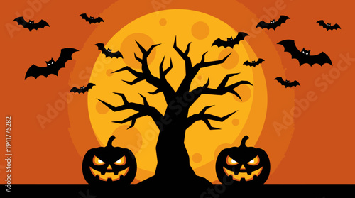 Spooky Halloween Illustration with Silhouette Tree, Glowing Jack-o'-lanterns, Bats and Full Moon on Orange Background