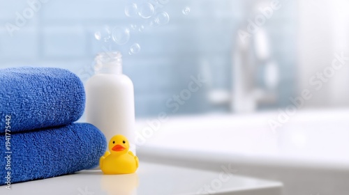 A serene bathroom scene featuring stacked blue towels, a white bottle, and a cheerful rubber duck