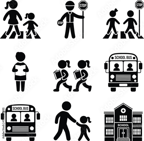 Daily school life and transportation icons collection