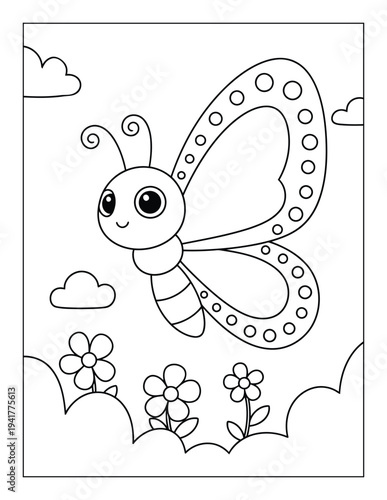 Butterfly with heart shaped wings flying above flowers coloring page outline for kids