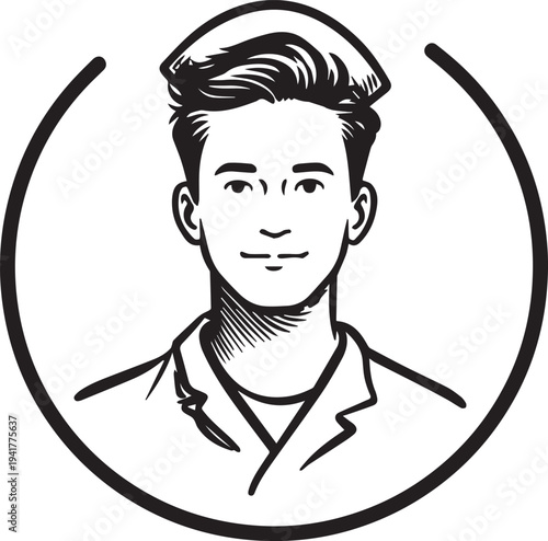 Hand Drawn Man as Nurse Black and White Avatar Illustration in Minimal Line Art Style Design
