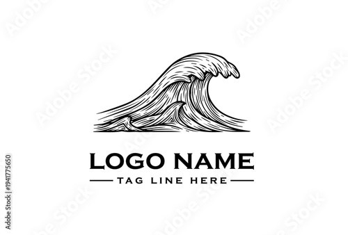 Black and white logo design featuring a stylized wave with a placeholder name and tagline on a clean white background.