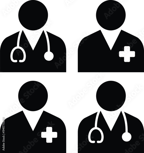 Four black and white icons representing medical professionals with different symbols.