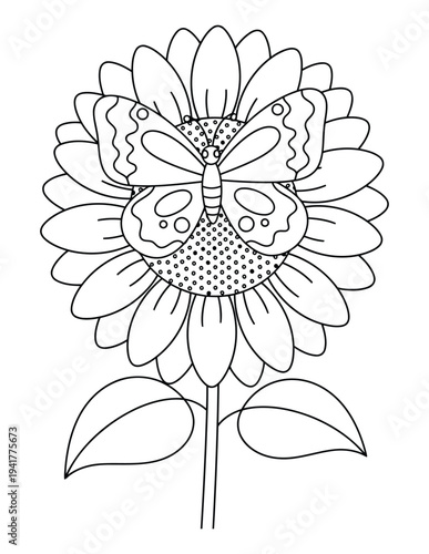 Butterfly resting on sunflower coloring page outline illustration for kids activity