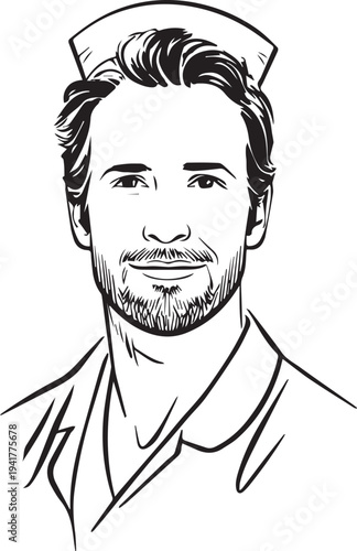 Hand Drawn Man as Nurse Black and White Avatar Illustration in Minimal Line Art Style Design