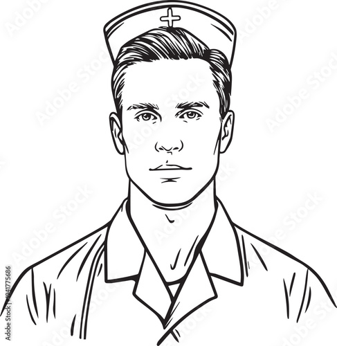 Hand Drawn Man as Nurse Black and White Avatar Illustration in Minimal Line Art Style Design