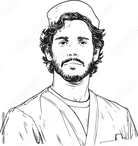 Hand Drawn Man as Nurse Black and White Avatar Illustration in Minimal Line Art Style Design