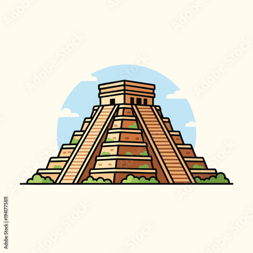 A cartoon illustration of a step pyramid with light brown stonework, dark outlines, and sky background. Simple clouds and shrubbery