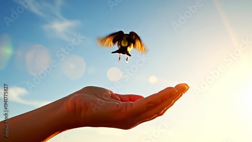 Small Bird Taking Flight From A Human Hand Against A Beautiful Sunny Blue Sky During A Warm Day Symbolizing Freedom And Nature's Beauty