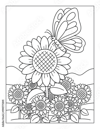 Butterfly flying over sunflower garden outline illustration for kids coloring page