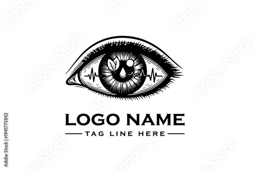 Black and white illustration of an eye with a heartbeat line through the iris, surrounded by placeholder text for a logo name and tagline on a plain white background.
