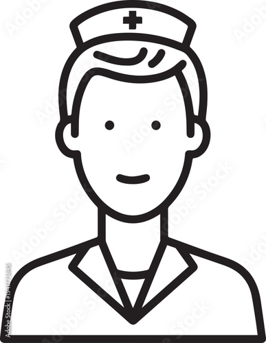 Hand Drawn Man as Nurse Black and White Avatar Illustration in Minimal Line Art Style Design