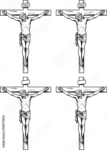 Four intricate engravings of crucified figures with detailed robes and crowns of thorns