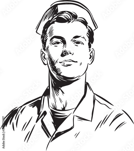 Hand Drawn Man as Nurse Black and White Avatar Illustration in Minimal Line Art Style Design