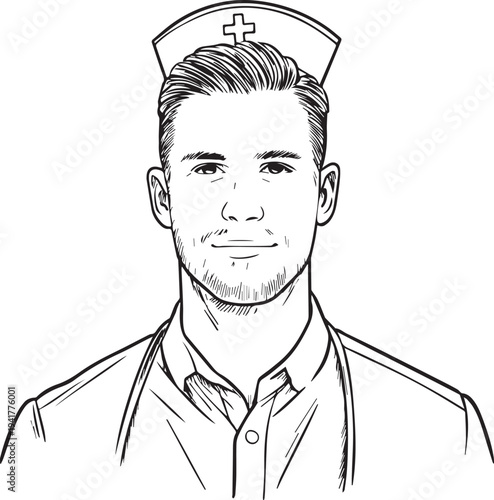 Hand Drawn Man as Nurse Black and White Avatar Illustration in Minimal Line Art Style Design
