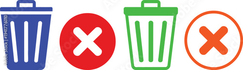 Recycling and non-recycling waste symbol indicators with crossed-out trash cans