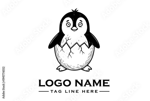 A black and white illustration of a penguin emerging from an egg with a logo and tagline text on a clean white background.