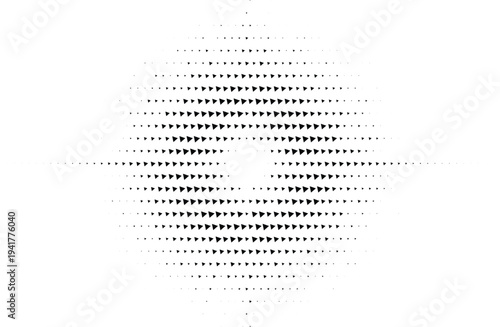 Symmetrical radial eye halftone design concept with black dots texture and central focus expansion on a white background layer.
