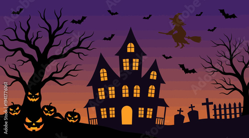 Spooky Halloween Haunted House Silhouette with Flying Witch Bats and Glowing Pumpkins in a Graveyard Landscape