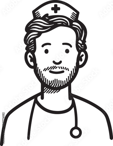 Hand Drawn Man as Nurse Black and White Avatar Illustration in Minimal Line Art Style Design