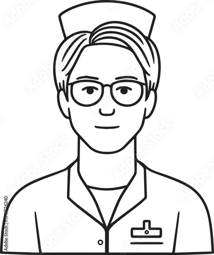Hand Drawn Man as Nurse Black and White Avatar Illustration in Minimal Line Art Style Design
