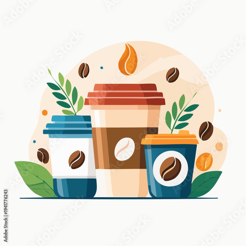 Refreshing and diverse coffee beverages presented in a vibrant flat illustration, perfect for a daily caffeine boost or a cozy break