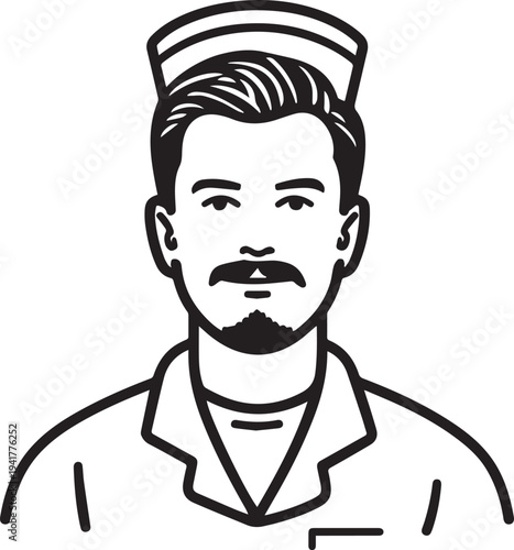 Hand Drawn Man as Nurse Black and White Avatar Illustration in Minimal Line Art Style Design