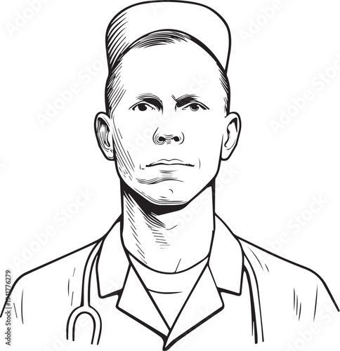 Hand Drawn Man as Nurse Black and White Avatar Illustration in Minimal Line Art Style Design