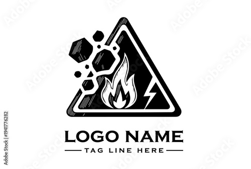 Black and white logo design featuring a warning sign with flame and lightning on a white background with space for logo name and tagline.