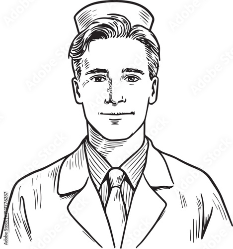 Hand Drawn Man as Nurse Black and White Avatar Illustration in Minimal Line Art Style Design