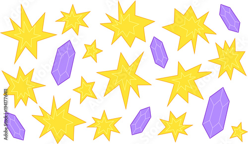 Set of sparkling stars with polished purple jewels aesthetic. Visual variety suitable for fantasy-themed assets.