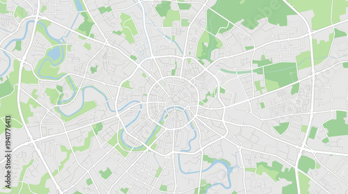 Minimalist City Map Vector Illustration featuring Radial Layout, Urban Streets, Parks and Rivers